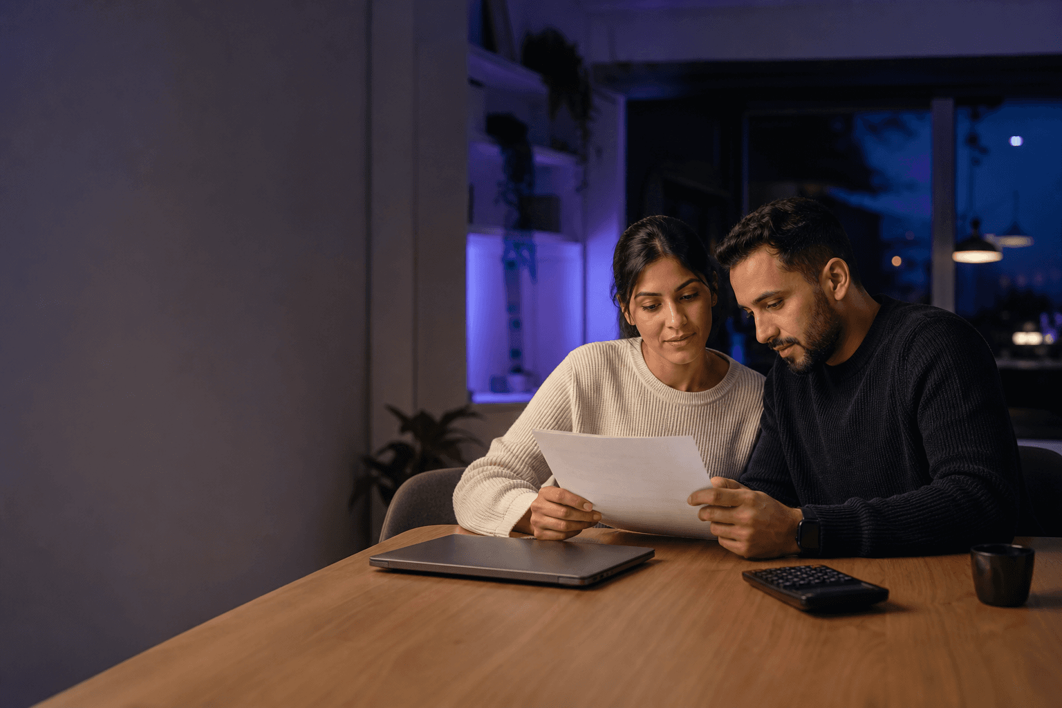 A couple reviewing household finances together at a table