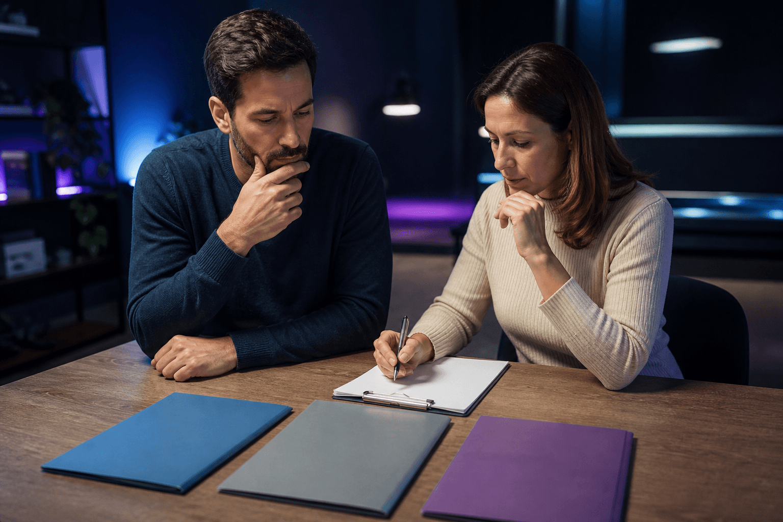 Two people comparing several borrowing options