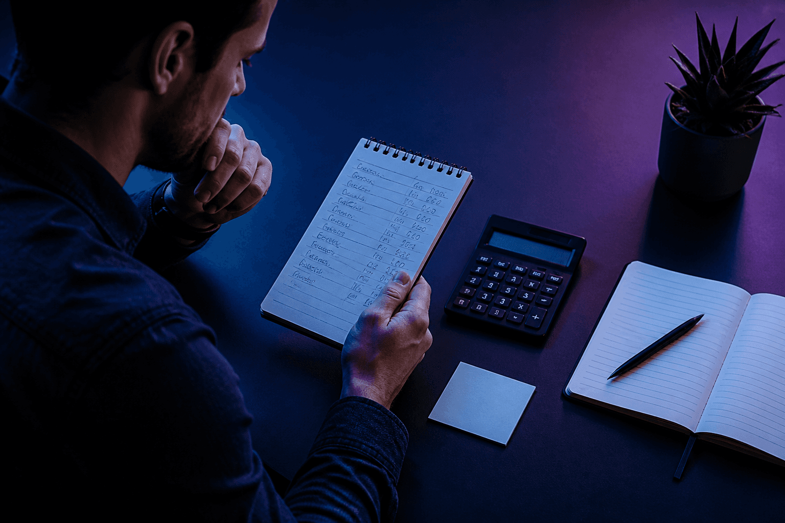 A person using a calculator beside a written budget